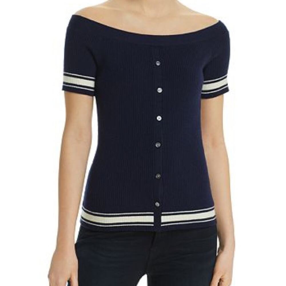 Frame Button Ribbed Off Shoulder Sweater Navy White Nautical L Designer Wool